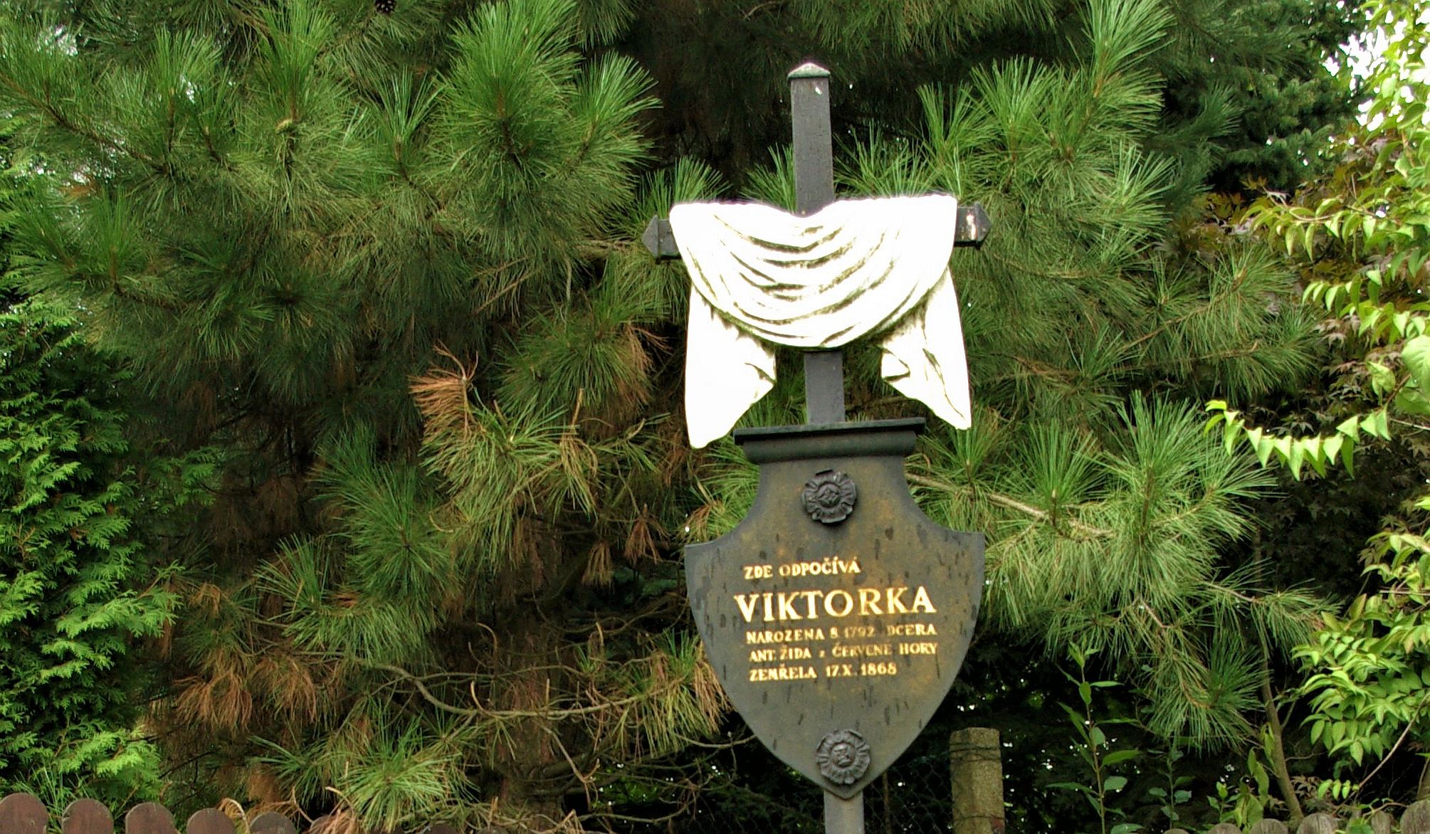 Součástí prohlídky Domku Boženy Němcové je v parčíku za domem i symbolický hrob Viktorky, postavy z knížky Babička Boženy Němcové Součástí prohlídky Domku Boženy Němcové je v parčíku za domem i symbolický hrob Viktorky, postavy z knížky Babička Boženy Němcové